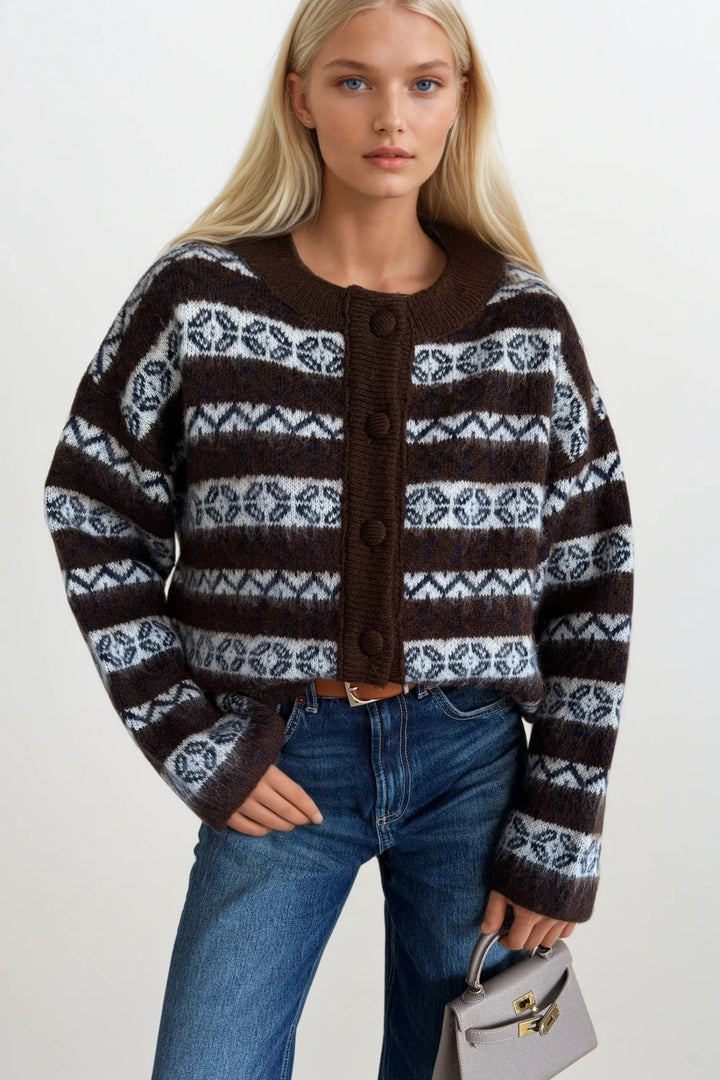 Etnik Desen Kahverengi Şardonlu Triko Hırka