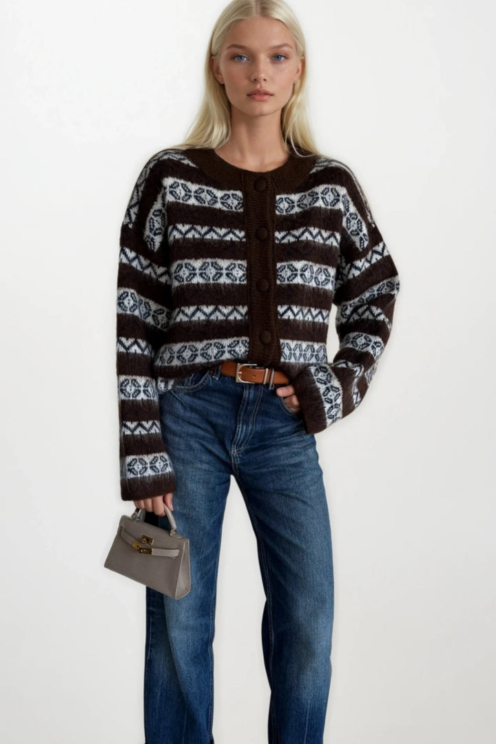 Etnik Desen Kahverengi Şardonlu Triko Hırka