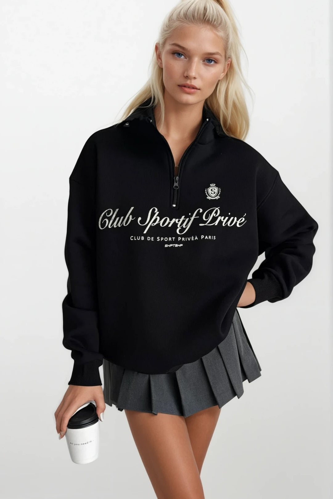 Fermuar Detay Baskılı Siyah Sweatshirt