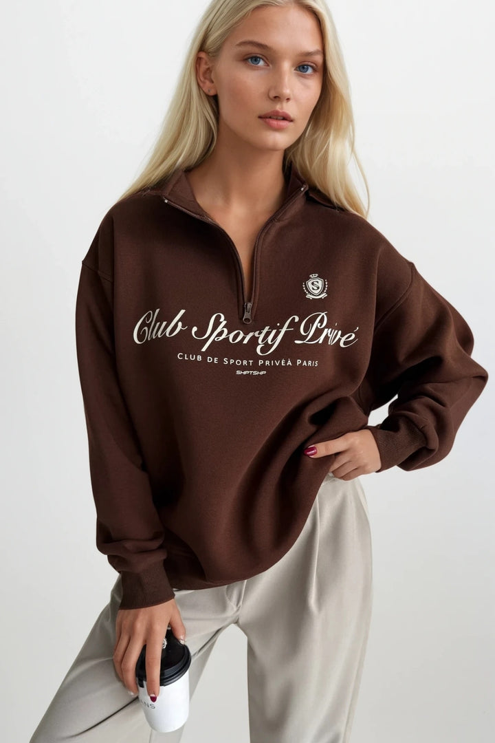 Fermuar Detay Baskılı Kahverengi Sweatshirt