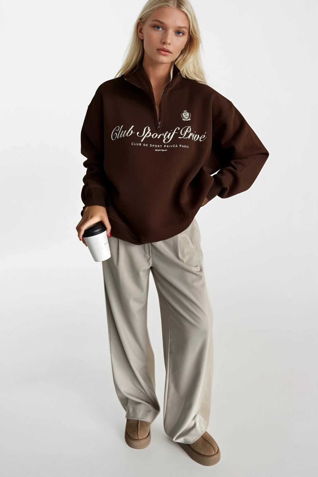 Fermuar Detay Baskılı Kahverengi Sweatshirt