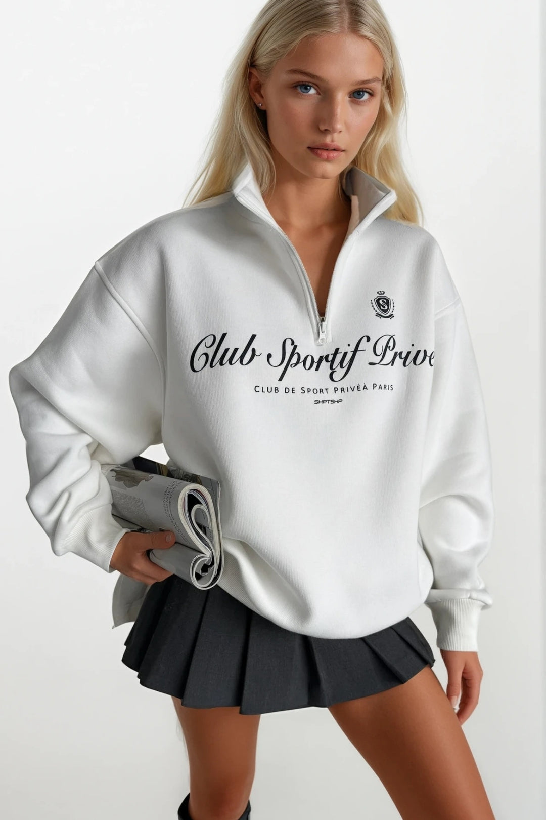 Fermuar Detay Baskılı Ekru Sweatshirt