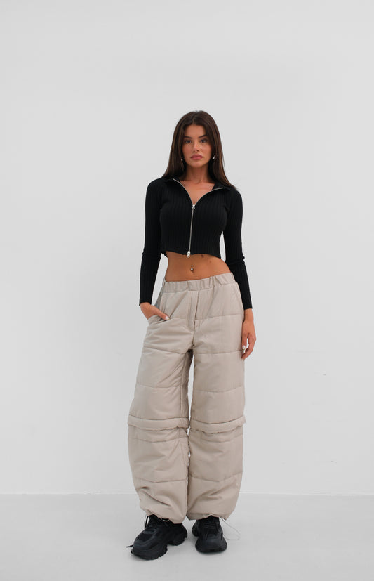 Zipper Detail Beige Quilted Trousers