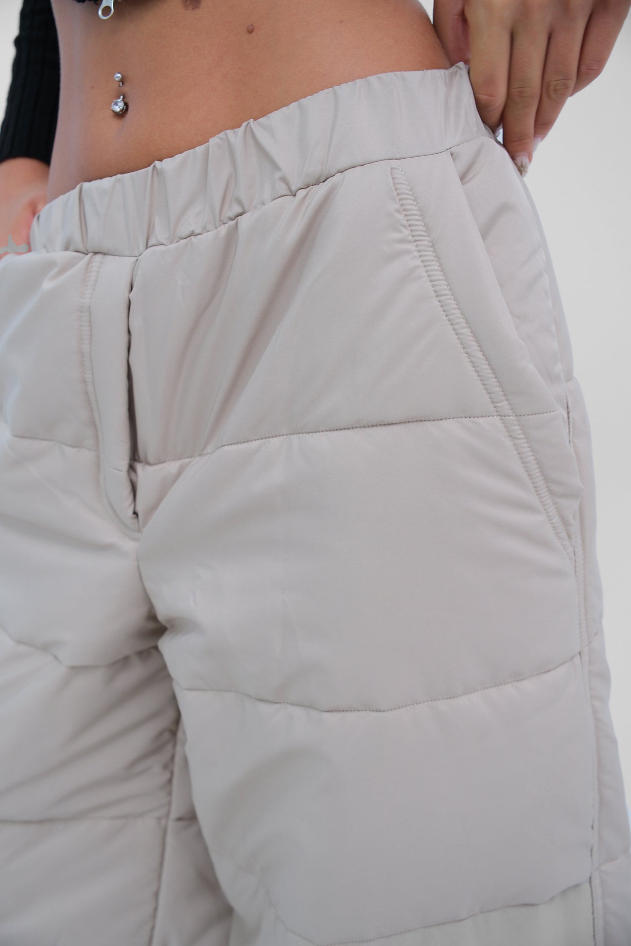 Zipper Detail Beige Quilted Trousers