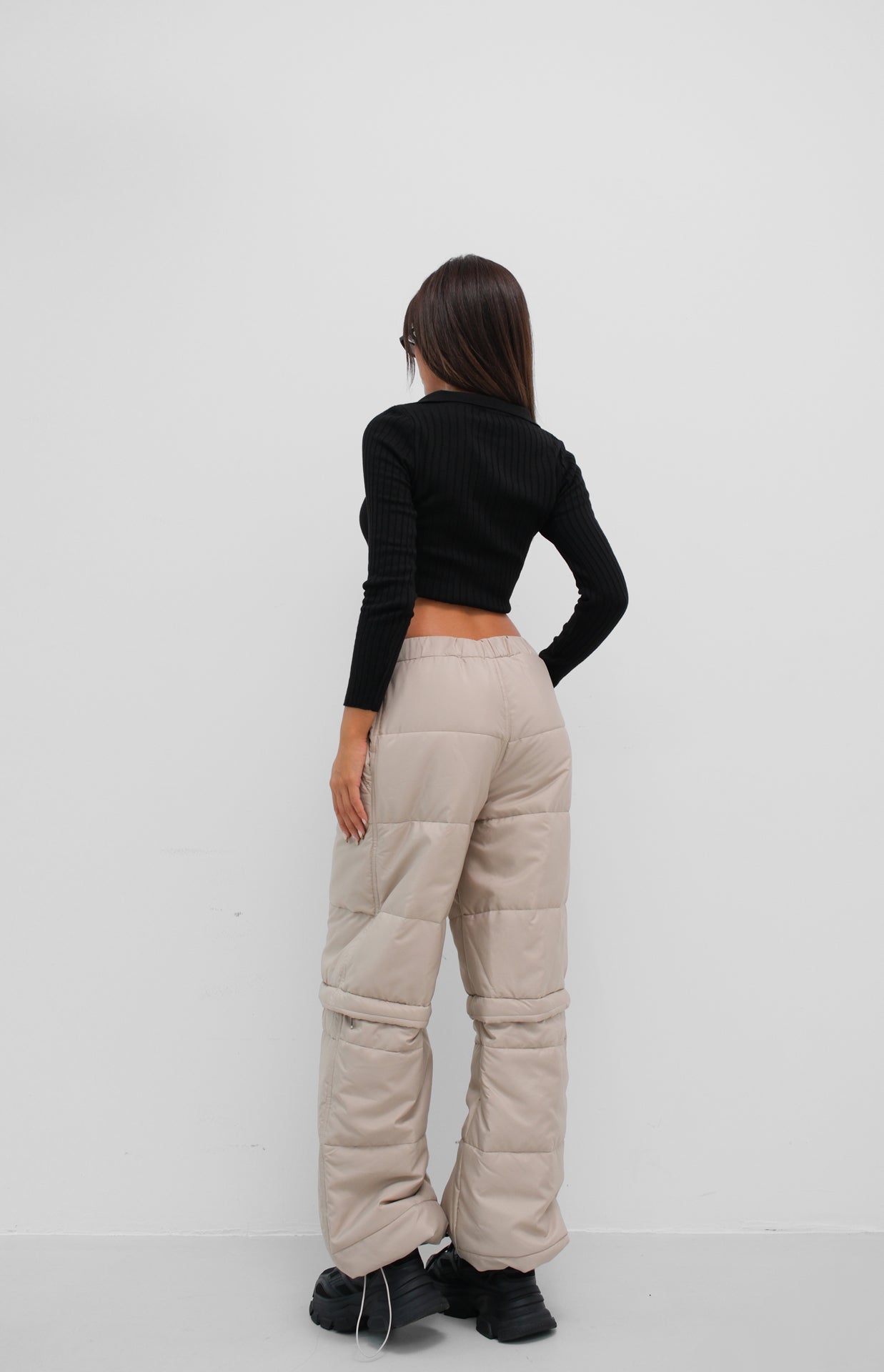 Zipper Detail Beige Quilted Trousers