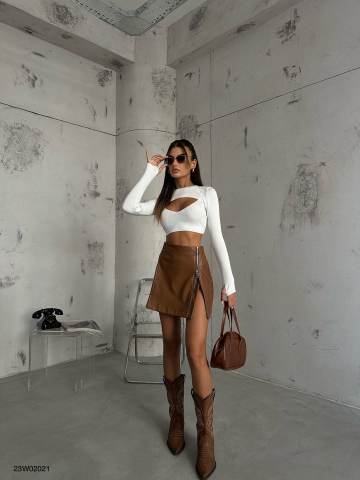 Fermuar Detay Kahverengi Deri Mini Etek
