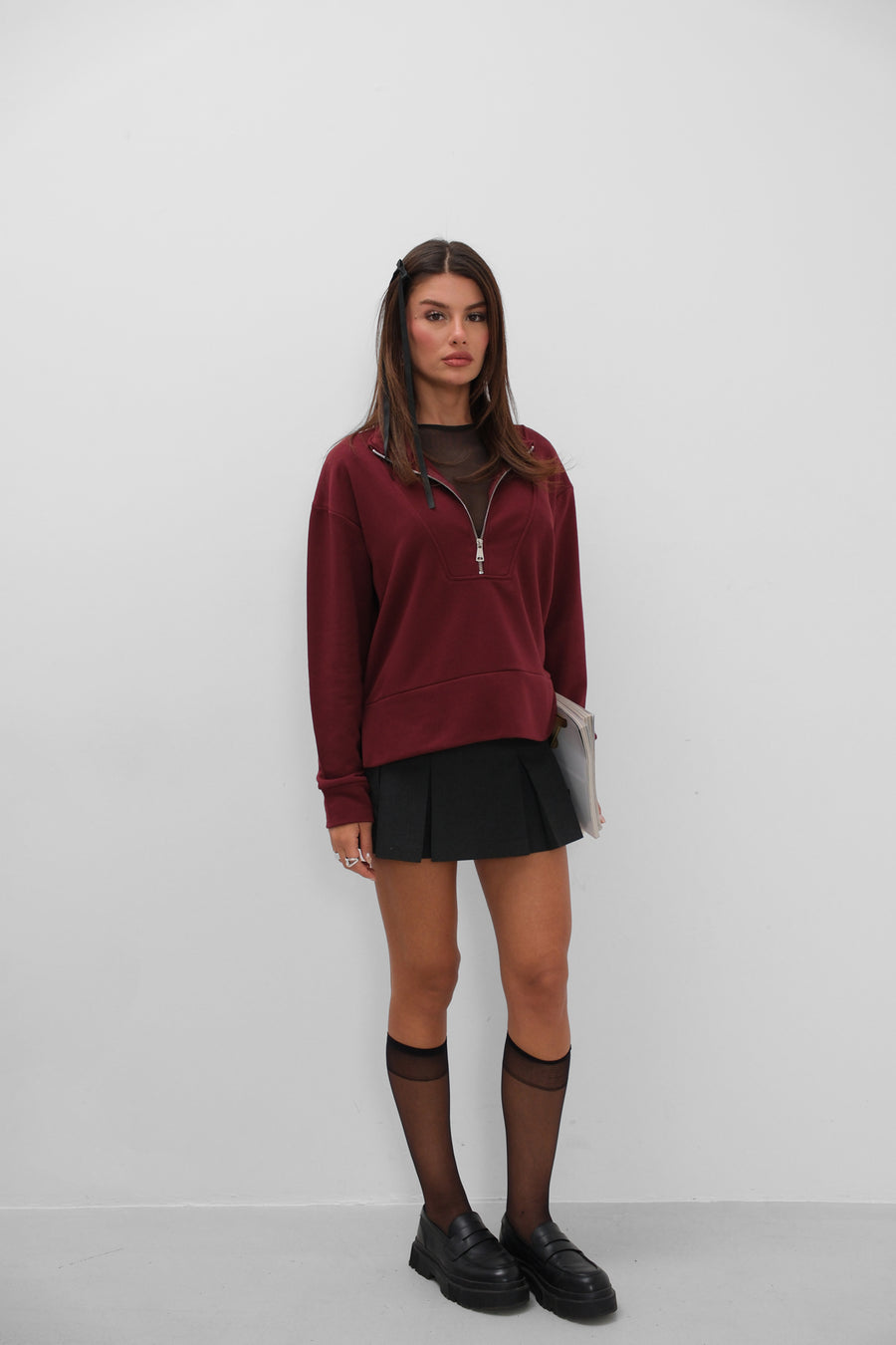 Fermuar ve Dikiş Detaylı Bordo Sweatshirt