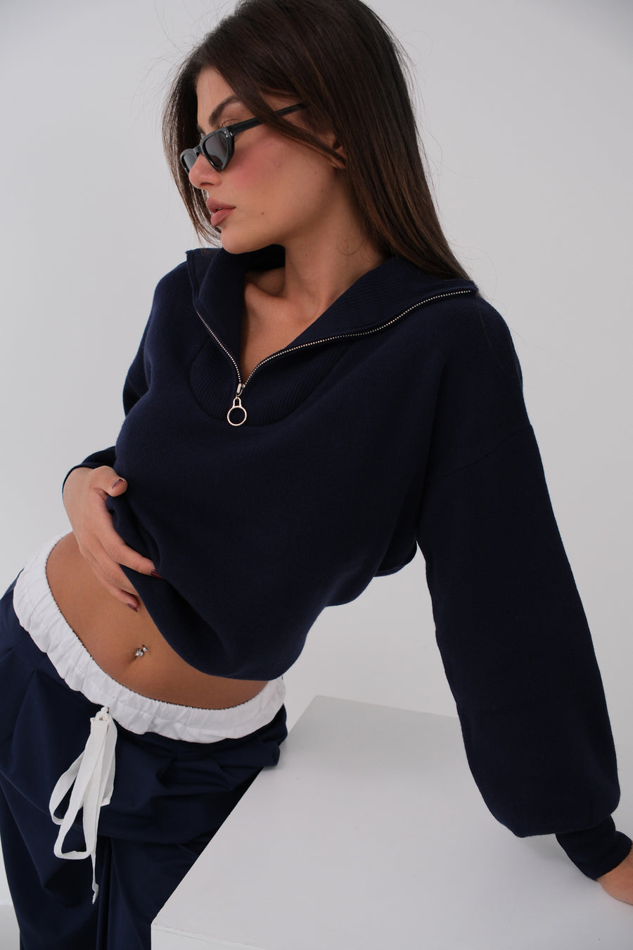 Zippered Oversize Navy Blue Knitted Sweater 