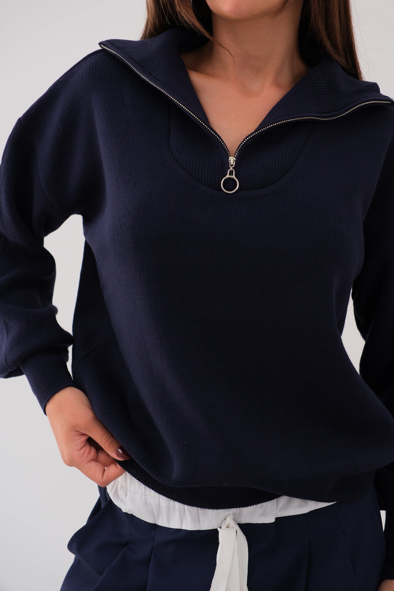 Zippered Oversize Navy Blue Knitted Sweater 