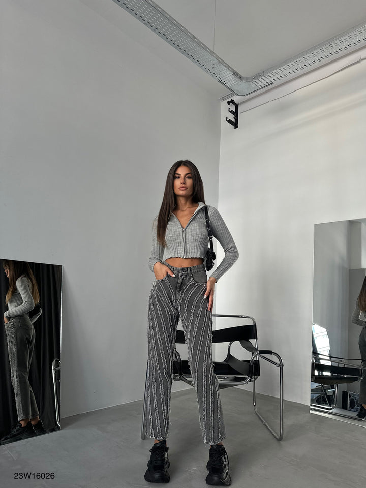 Fermuarlı Polo Yaka Gri Triko Kazak