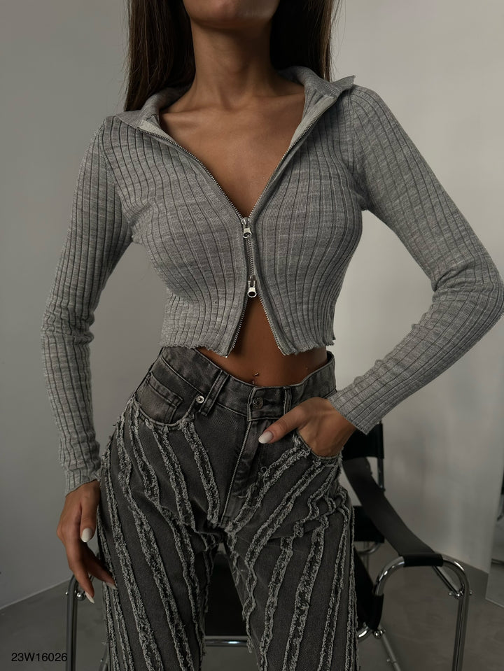 Fermuarlı Polo Yaka Gri Triko Kazak