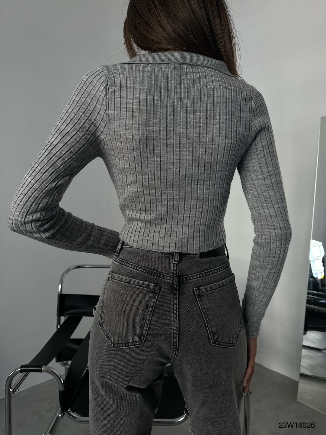 Fermuarlı Polo Yaka Gri Triko Kazak