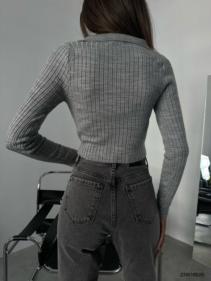 Fermuarlı Polo Yaka Gri Triko Kazak