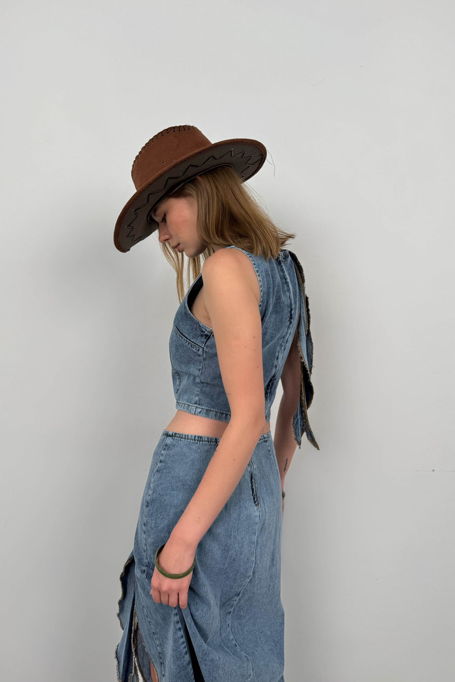 Ruffle Detail Light Blue Denim Blouse 