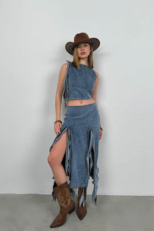 Frilled Light Blue Denim Skirt 