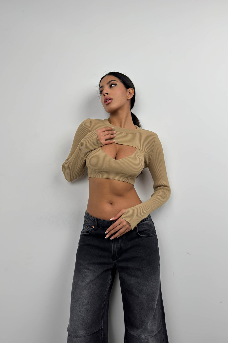 Ribbed Bra Bolero Beige Crop Set 