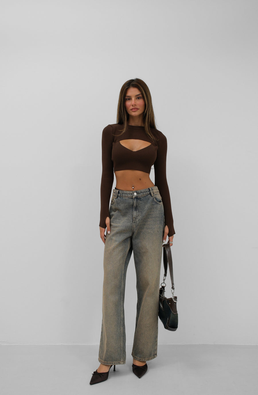 Ribbed Bra Bolero Brown Crop Set 