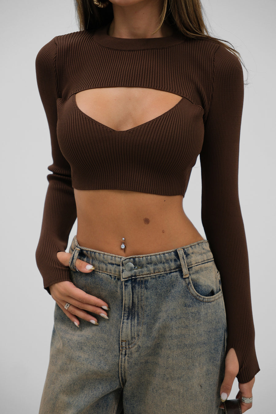 Ribbed Bra Bolero Brown Crop Set 