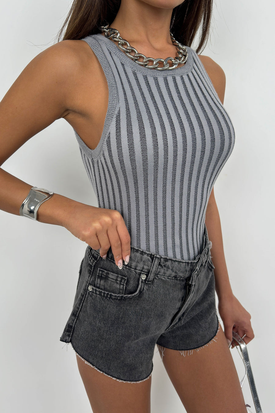 Ribbed Swim Collar Gray Blouse 