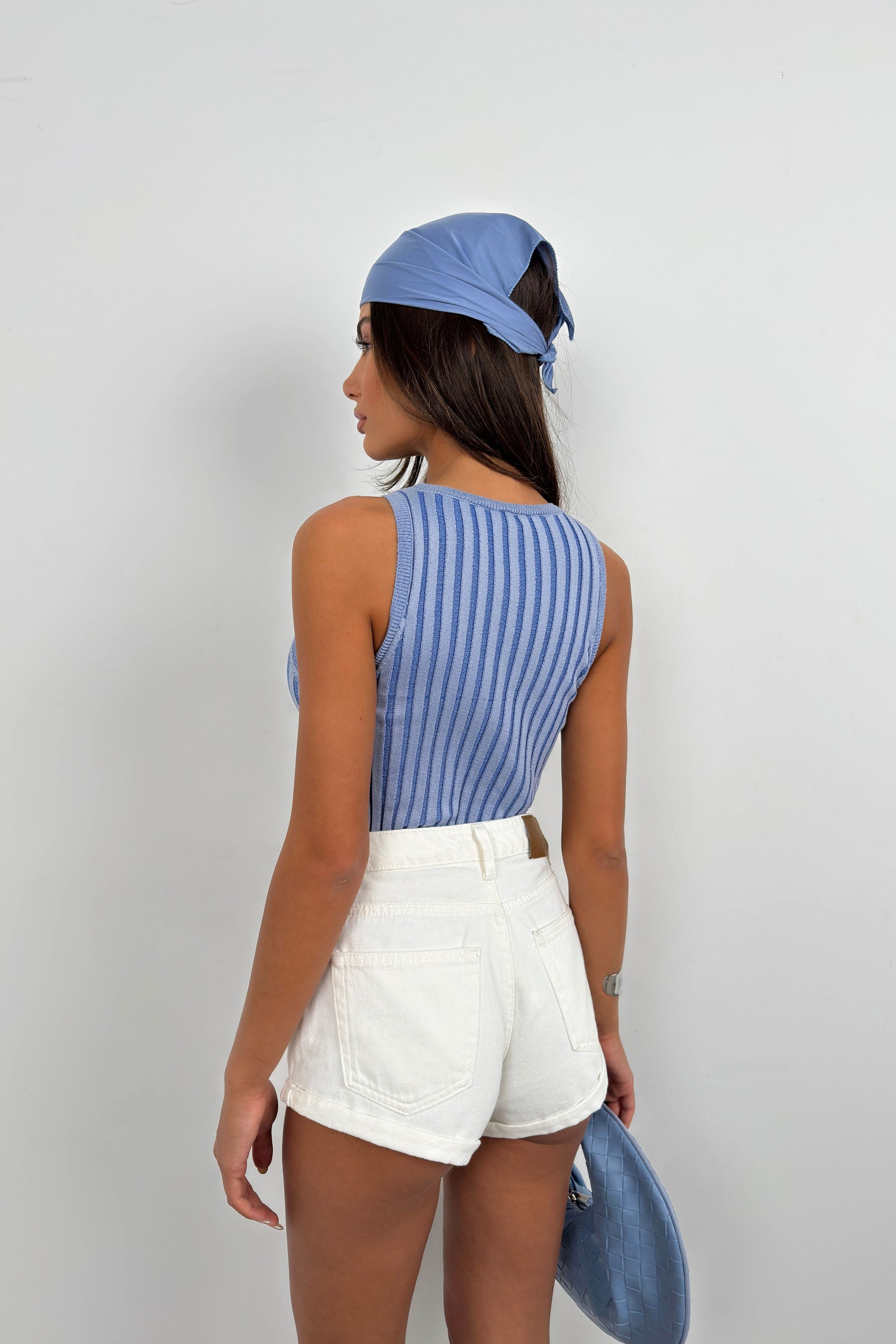 Ribbed Swim Collar Blue Blouse 