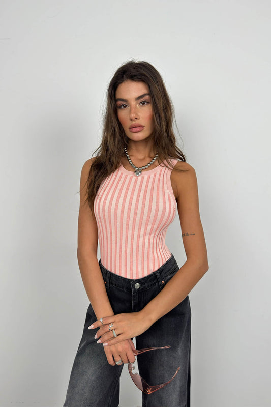 Ribbed Swim Collar Pink Blouse 