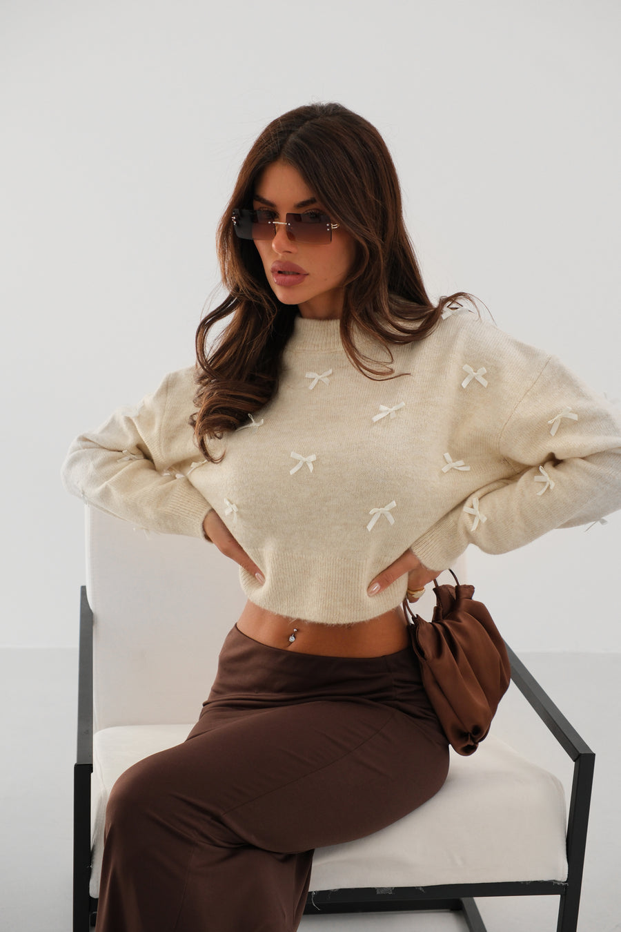 Beige Knitted Sweater with Bow Detail 