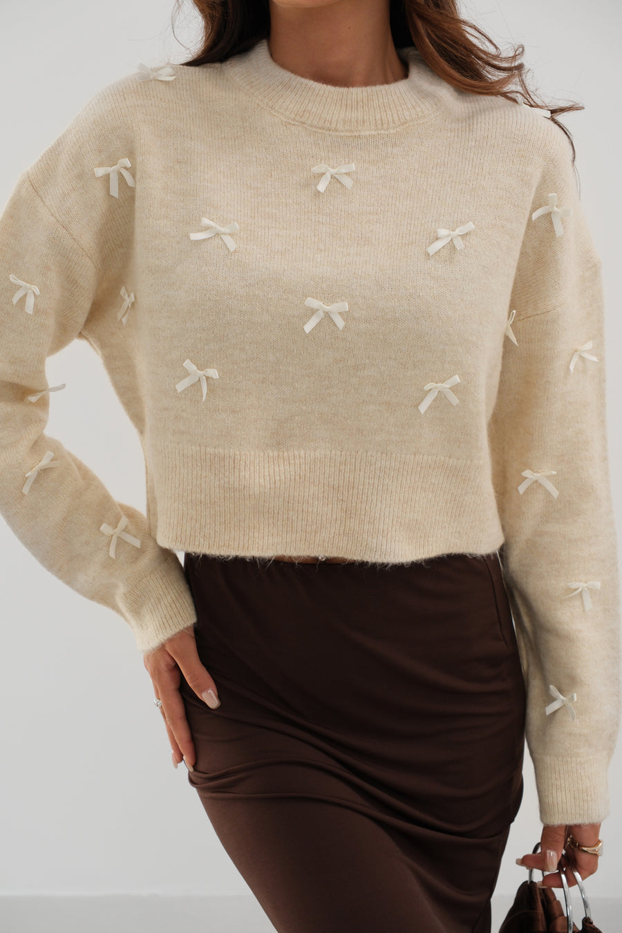 Beige Knitted Sweater with Bow Detail 