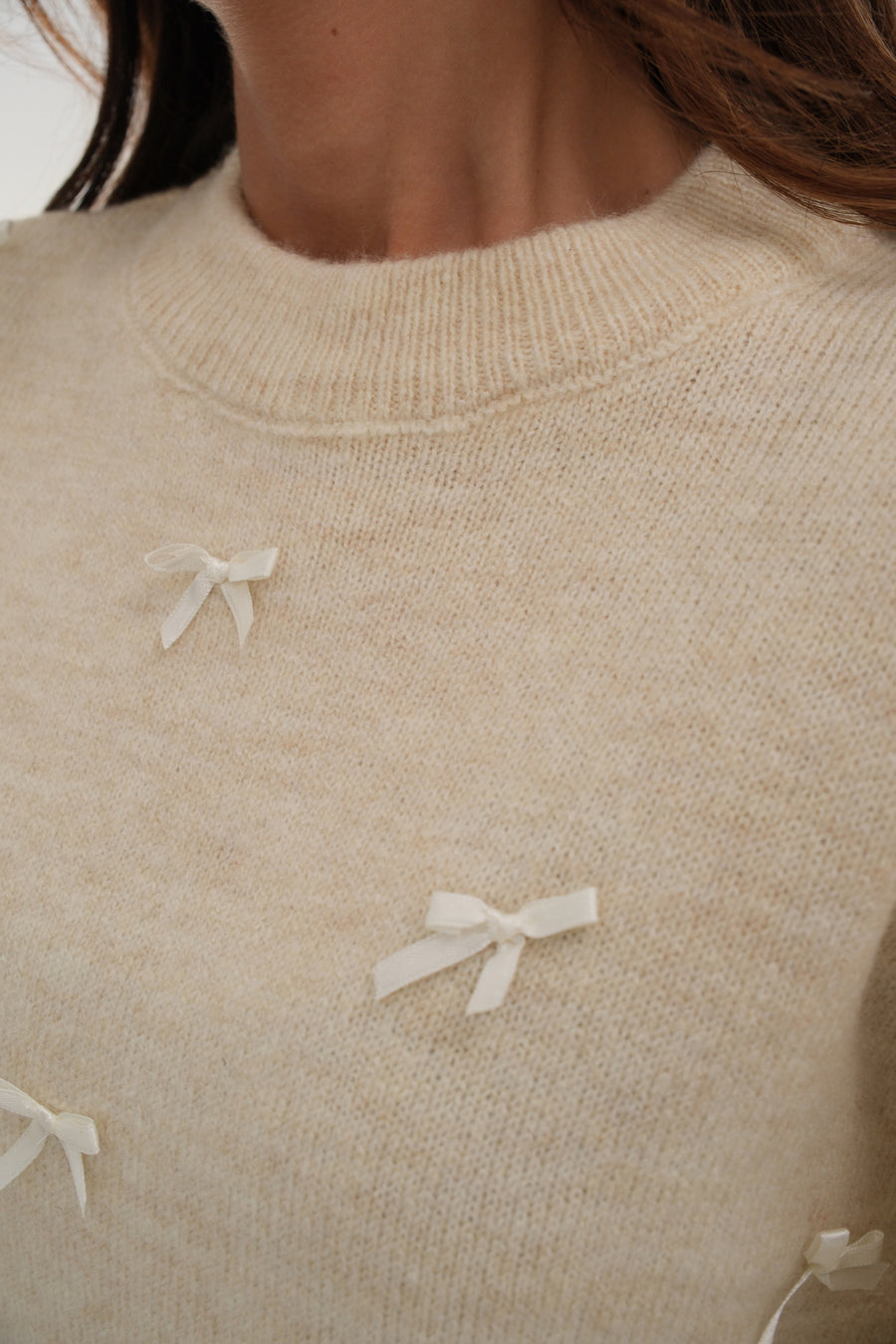 Beige Knitted Sweater with Bow Detail 