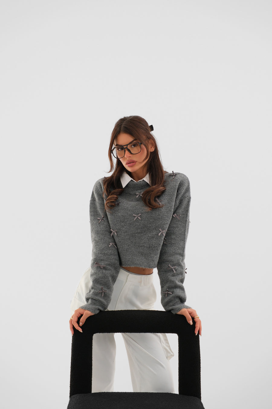 Grey Knitted Sweater with Bow Detail 