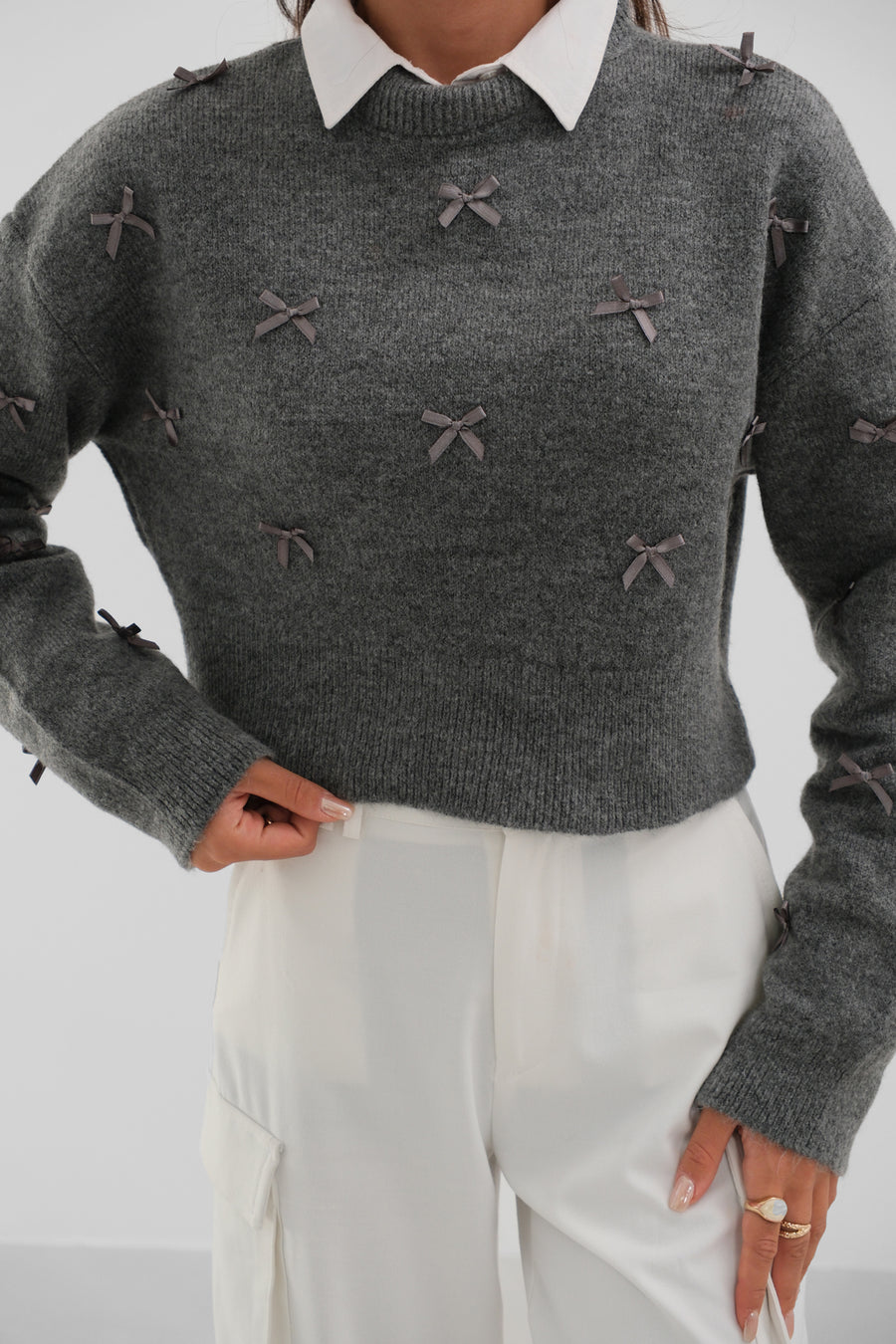 Grey Knitted Sweater with Bow Detail 