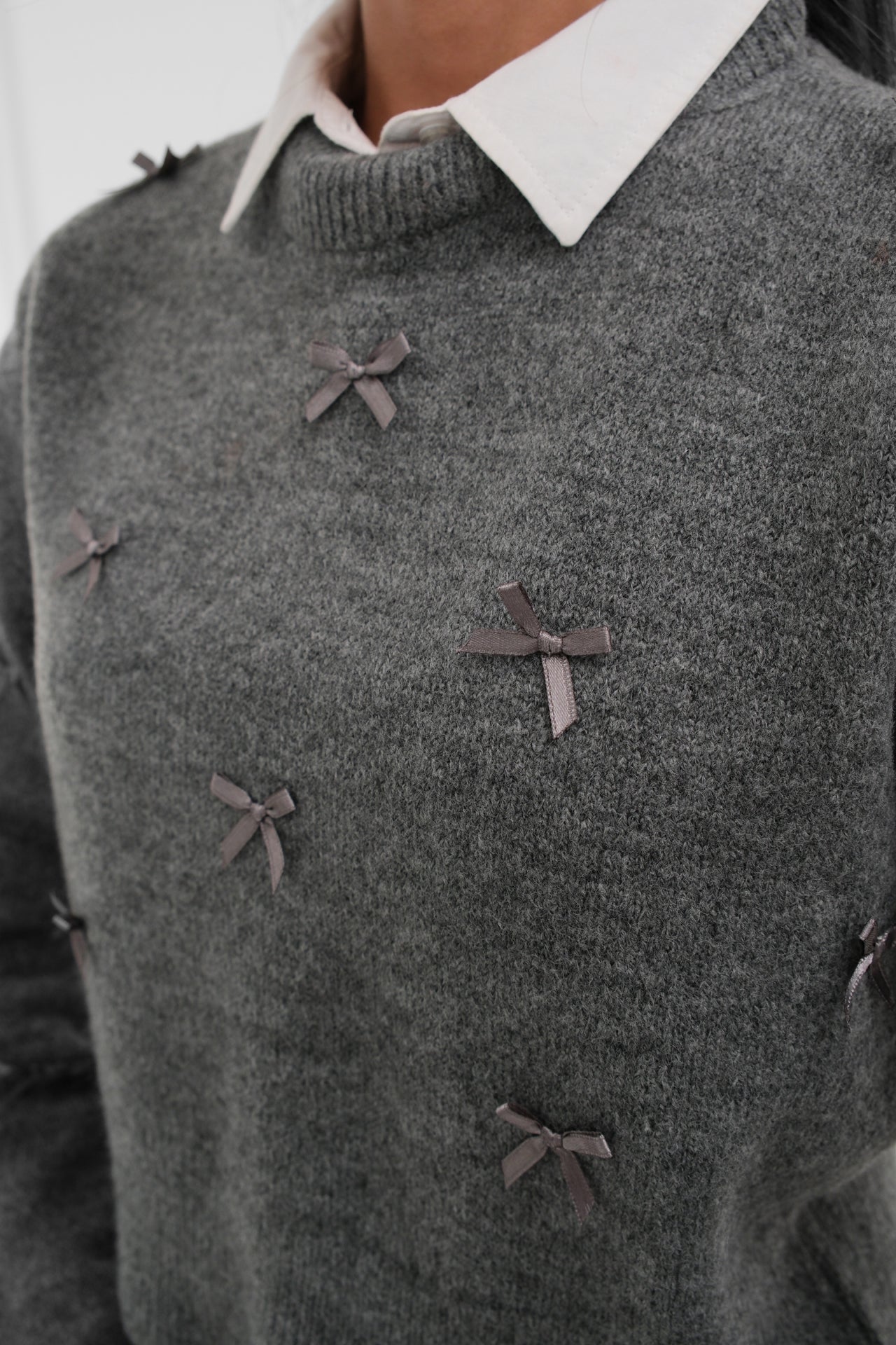 Grey Knitted Sweater with Bow Detail 