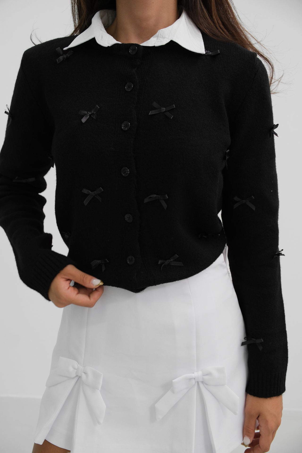 Black Knitted Cardigan with Bow Detail 