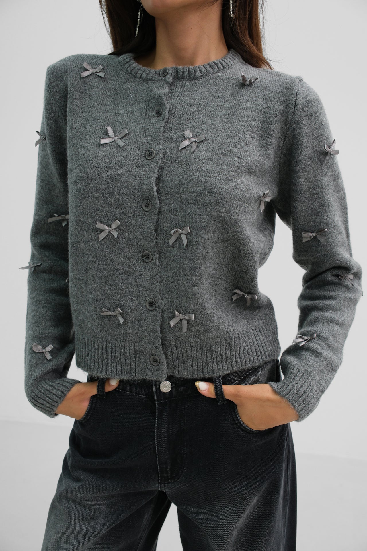 Grey Knitted Cardigan with Bow Detail 