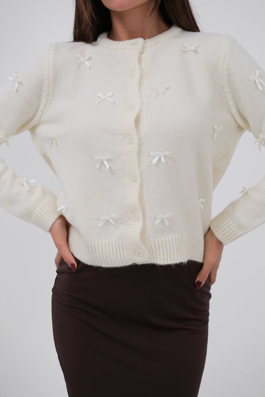 Knitted Ecru Cardigan with Bow Detail 