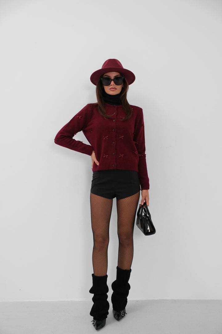 Fiyonk Detaylı Triko Bordo Hırka