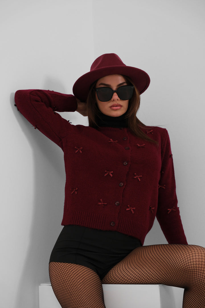 Fiyonk Detaylı Triko Bordo Hırka