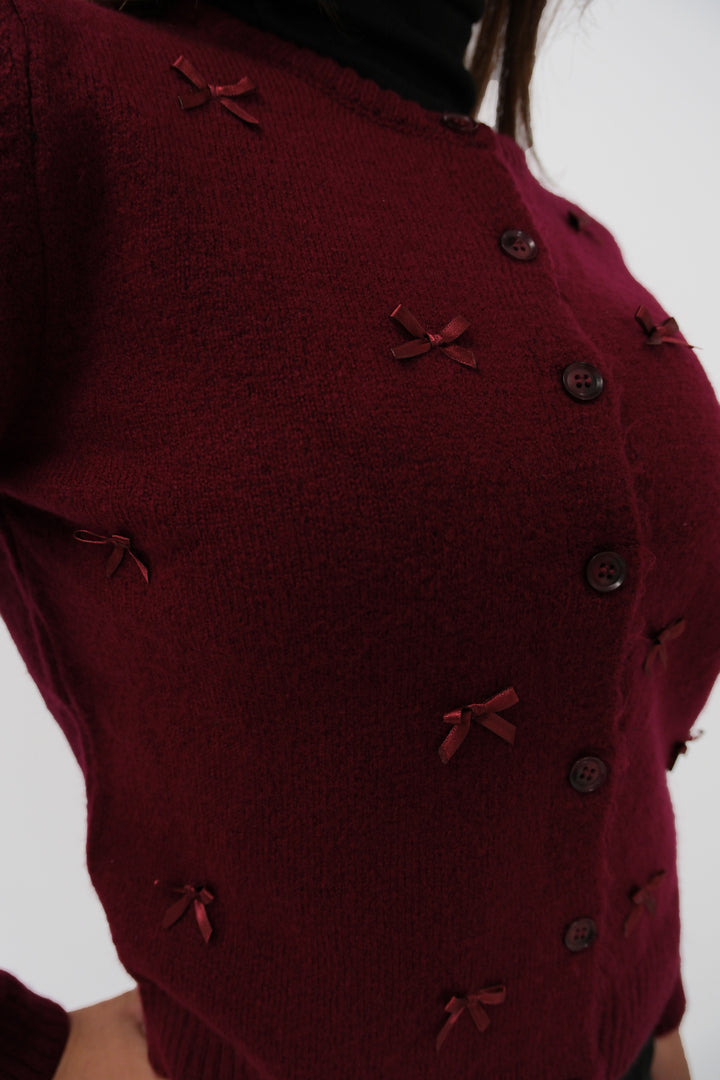 Fiyonk Detaylı Triko Bordo Hırka