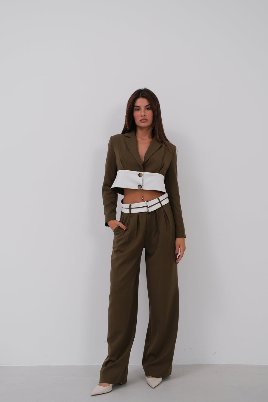 Garnished Jacket Trousers Khaki Suit 