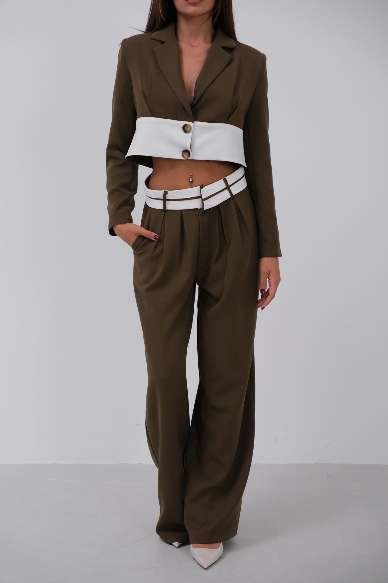 Garnished Jacket Trousers Khaki Suit 