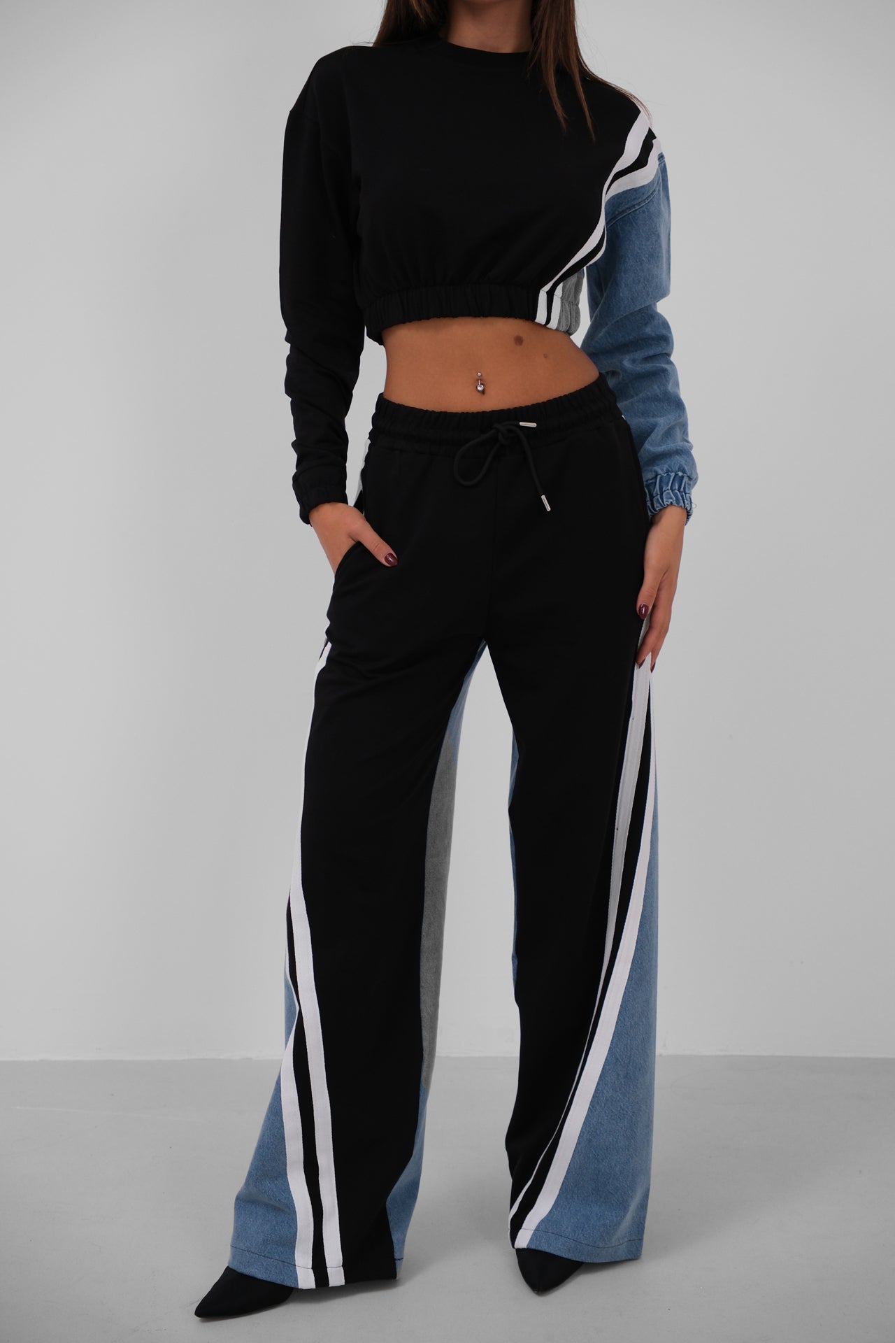 Black Garnished Denim Tracksuit 