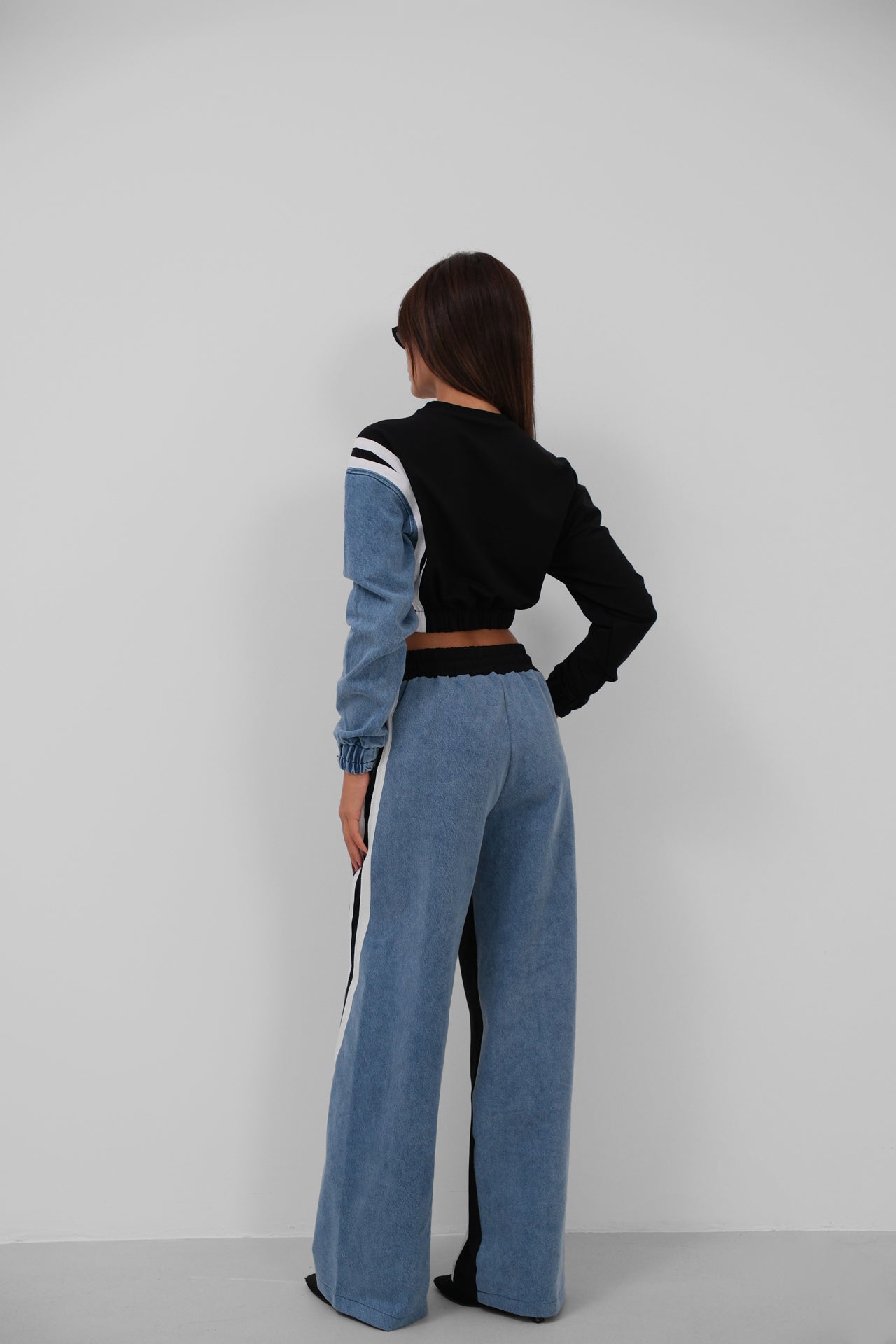 Black Garnished Denim Tracksuit 