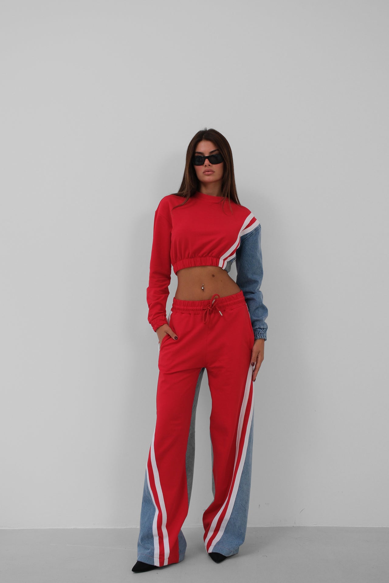 Red Garnished Denim Tracksuit 