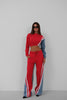 Red Garnished Denim Tracksuit 