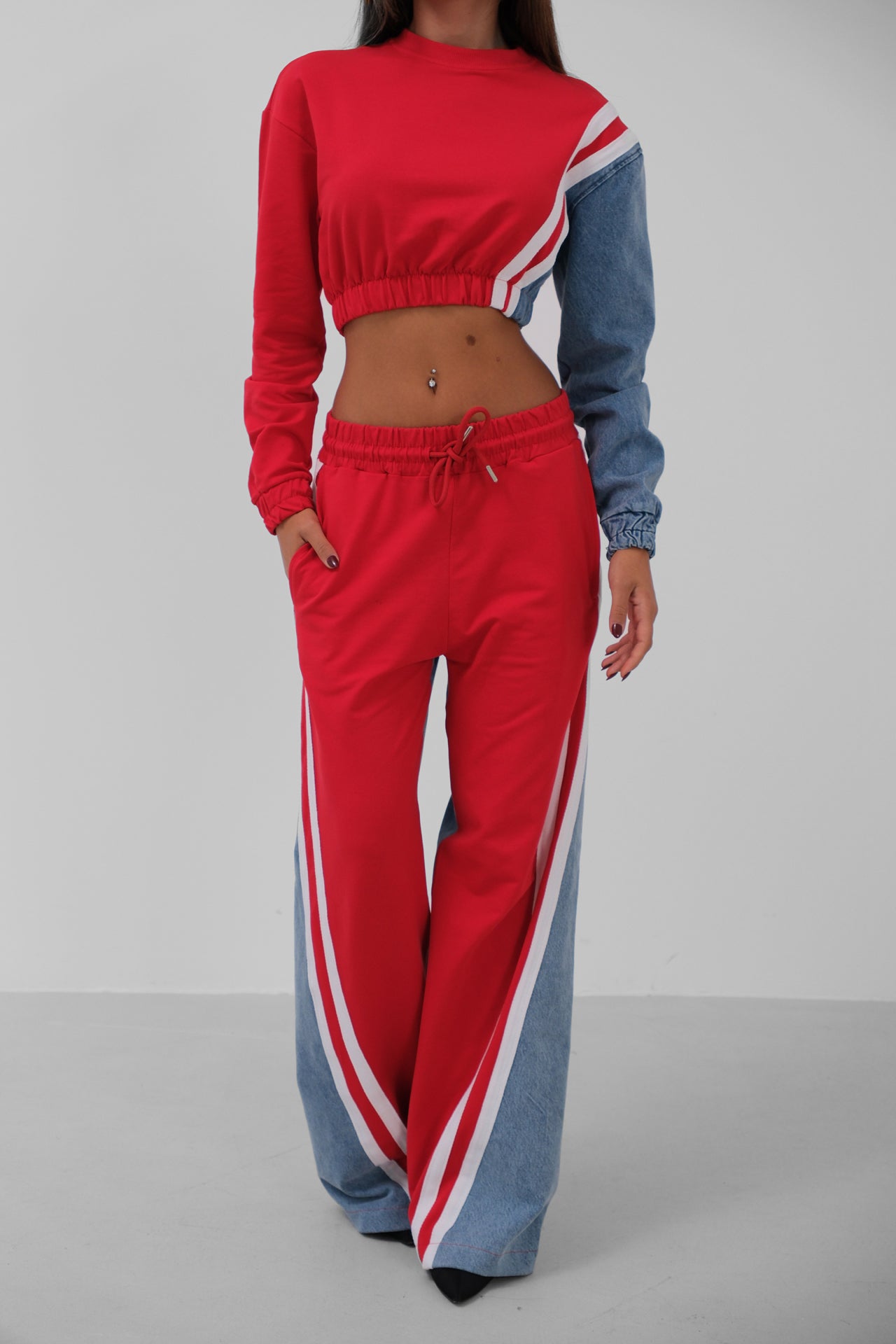 Red Garnished Denim Tracksuit 