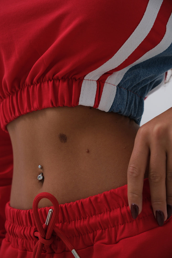 Kırmızı Garnili Denim Eşofman Takım