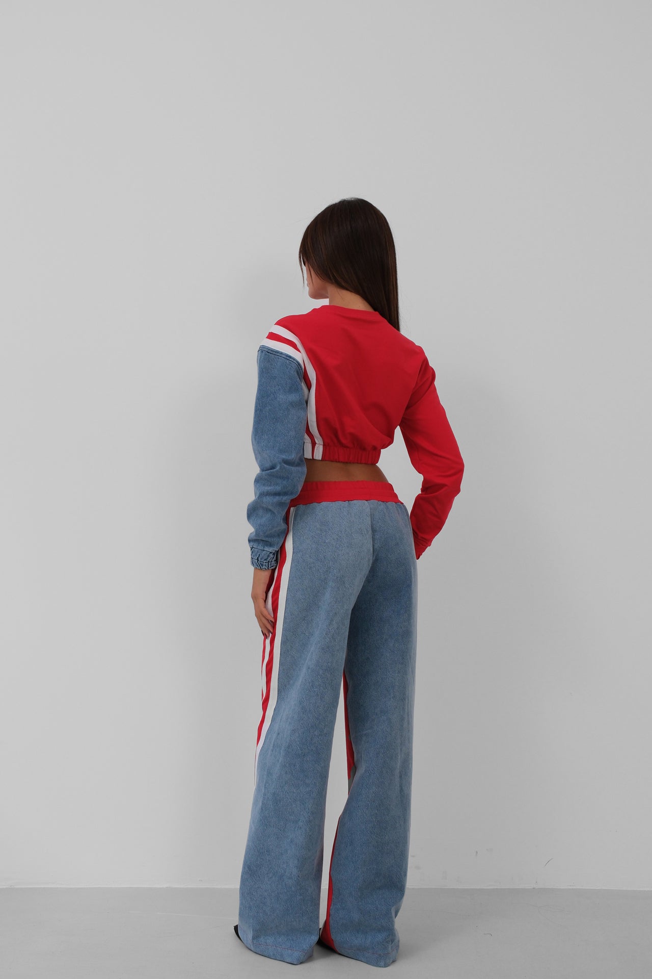 Red Garnished Denim Tracksuit 