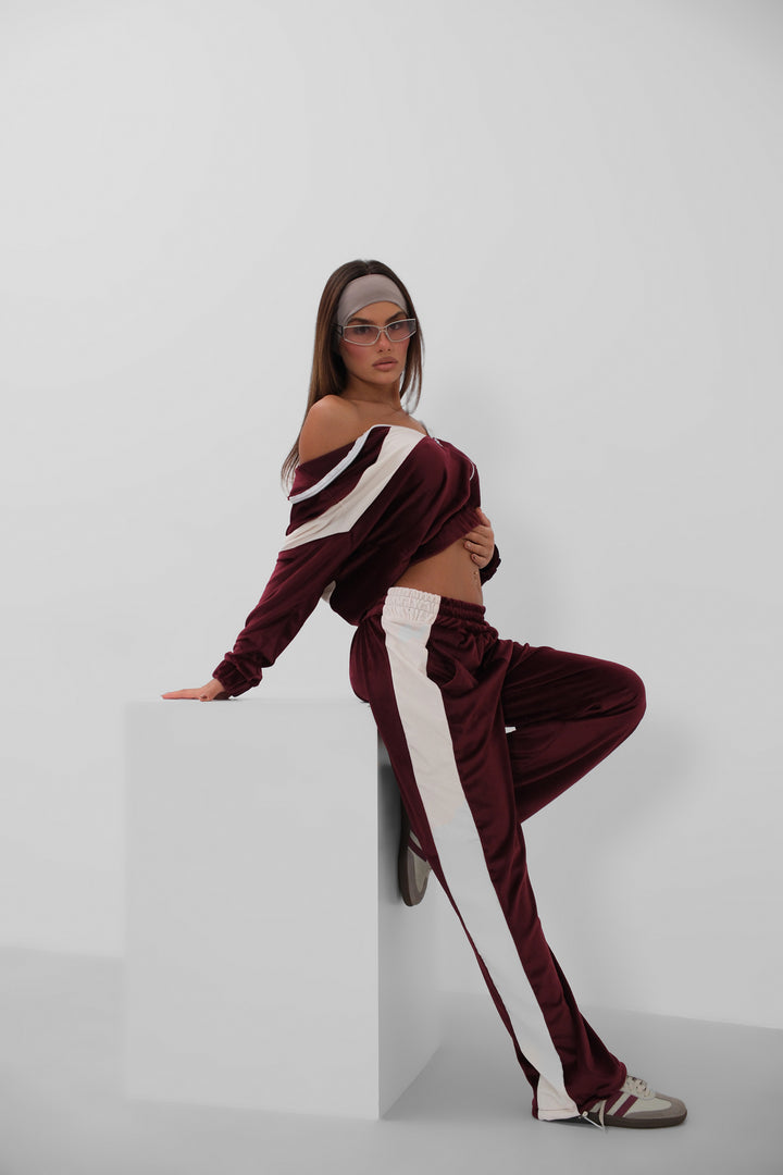 Garnished Zippered Velvet Tracksuit Claret Red Set 
