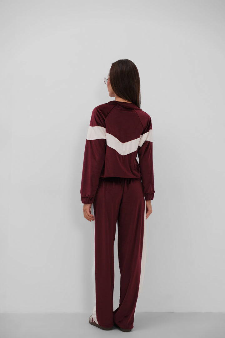 Garnished Zippered Velvet Tracksuit Claret Red Set 