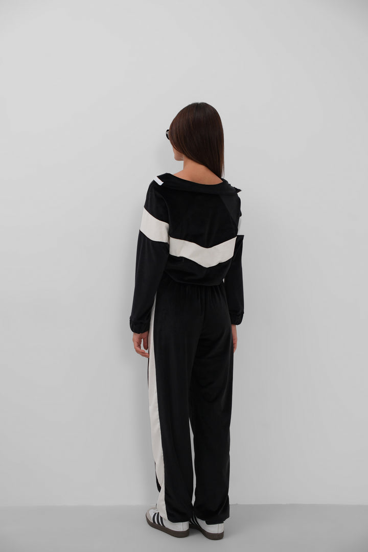 Garnished Zippered Velvet Tracksuit Black Set 