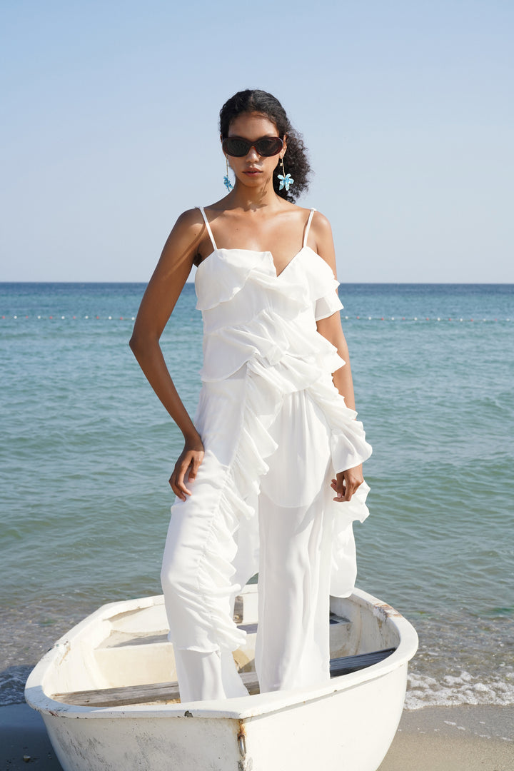 Wide Leg Lined Tulle White Trousers